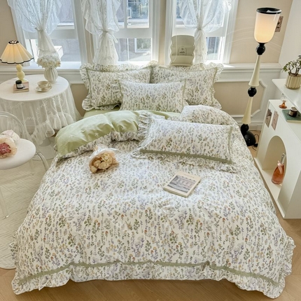 91家纺网 家纺一手货源 找家纺 眠屿家纺 2024新款全棉40支13372花边四件套 浅香