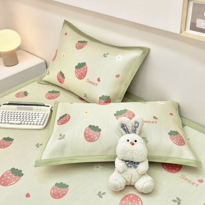 91家纺网 家纺一手货源 找家纺 全季家居 2024新款5A抗菌小清新数码印花冰藤席 草莓（床席款）