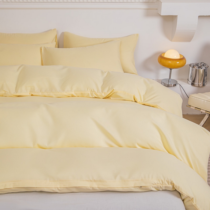 91家纺网 家纺一手货源 找家纺 莎臣豹 2025新款水洗棉磨毛纯色双拼简约风撞色四件套 嫩黄