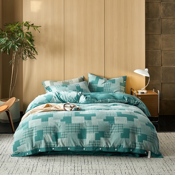 91家纺网 家纺一手货源 找家纺 安莱生活 2024年新品双层纱拼布田园纽扣款四件套 拼布田园纽扣款-乌兰