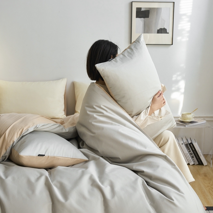 91家纺网 家纺一手货源 找家纺 安莱生活 2024新款100s长绒棉贡缎双拼四件套 高级灰-棕灰