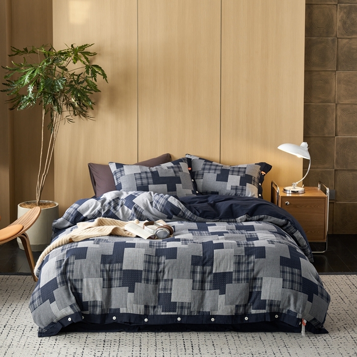 91家纺网 家纺一手货源 找家纺 安莱生活 2024年新品双层纱拼布田园纽扣款四件套 拼布田园纽扣款-藏青