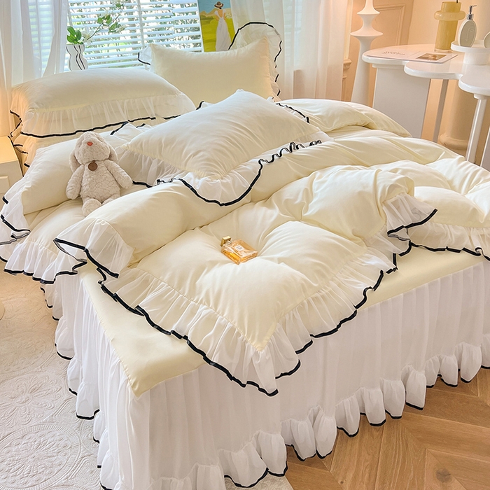 91家纺网 家纺一手货源 找家纺 唐人居 2025新款水洗棉麻亲肤蕾丝花边四件套 小确幸-奶白