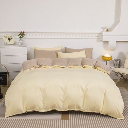 91家纺网 家纺一手货源 找家纺 （总）莎臣豹 2025新款水洗棉磨毛纯色双拼简约风撞色四件套