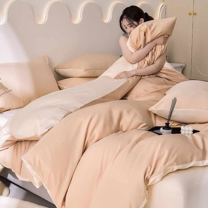 91家纺网 家纺一手货源 找家纺 简爱家纺 2025新款水洗真丝四件套 奶茶咖+暖杏色