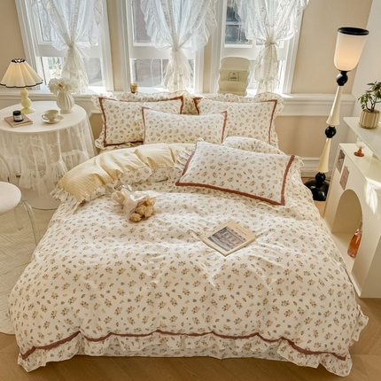 眠屿家纺 2024新款全棉40支13372花边四件套 妃子笑