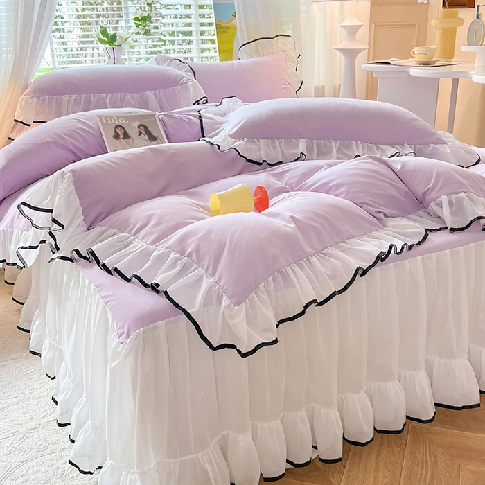 91家纺网 家纺一手货源 找家纺 唐人居 2025新款水洗棉麻亲肤蕾丝花边四件套 小确幸-浅紫