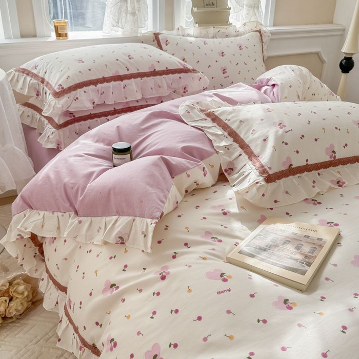 91家纺网 家纺一手货源 找家纺 眠屿家纺 2024新款全棉40支13372花边四件套 樱果爱心