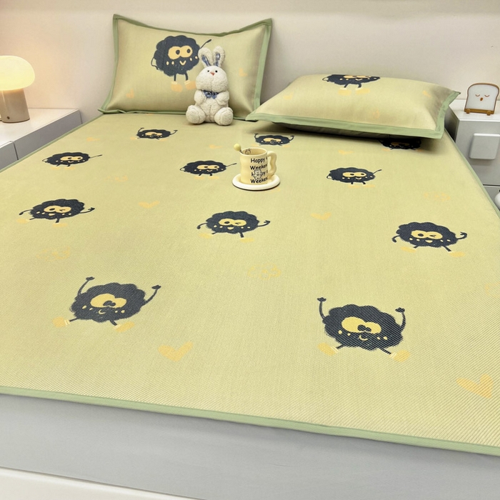 91家纺网 家纺一手货源 找家纺 全季家居 2024新款5A抗菌小清新数码印花冰藤席 小煤球（床笠款）