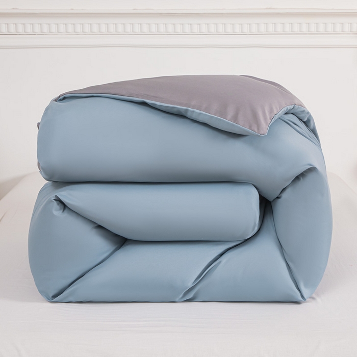 91家纺网 家纺一手货源 找家纺 莎臣豹 2025新款水洗棉磨毛纯色双拼简约风撞色四件套 雾霾蓝爱上浅灰