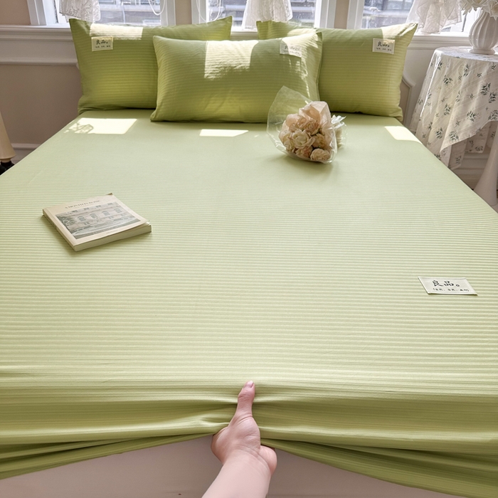 91家纺网 家纺一手货源 找家纺 眠博士 2024新款A类轻奢时尚全棉60贡缎提花床笠 床笠-提花豆绿