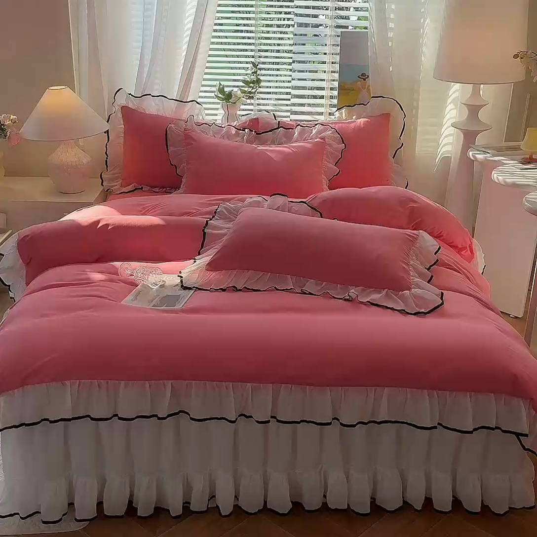 91家纺网 家纺一手货源 找家纺 唐人居 2025新款水洗棉麻亲肤蕾丝花边四件套 小确幸-红玉