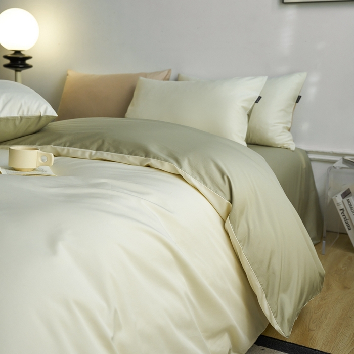 91家纺网 家纺一手货源 找家纺 安莱生活 2024新款100s长绒棉贡缎双拼四件套 月光白-草绿