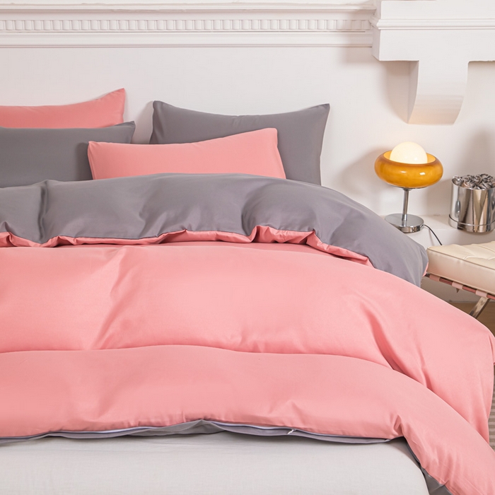 91家纺网 家纺一手货源 找家纺 莎臣豹 2025新款水洗棉磨毛纯色双拼简约风撞色四件套 甜豆沙爱上浅灰