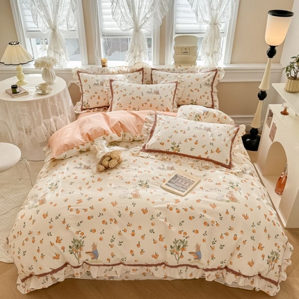 91家纺网 家纺一手货源 找家纺 眠屿家纺 2024新款全棉40支13372花边四件套 缤纷果园