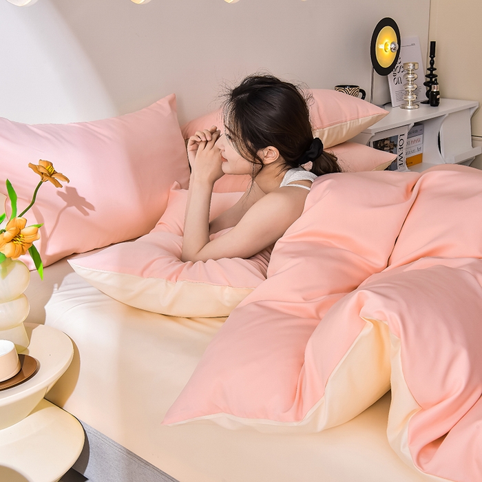 91家纺网 家纺一手货源 找家纺 简爱家纺 2025新款水洗真丝四件套 戴妃粉+暖杏色