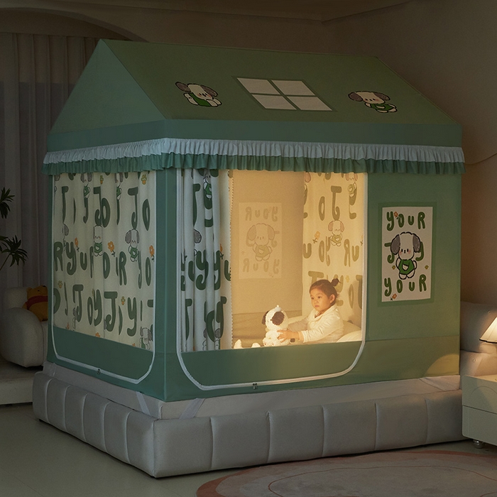 91家纺网 家纺一手货源 找家纺 迪凡保罗 2025新款城堡遮光防摔坐床蚊帐 小奶狗