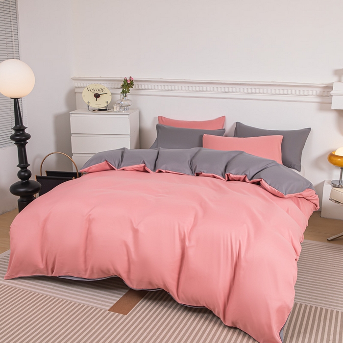 91家纺网 家纺一手货源 找家纺 莎臣豹 2025新款水洗棉磨毛纯色双拼简约风撞色四件套 甜豆沙爱上浅灰