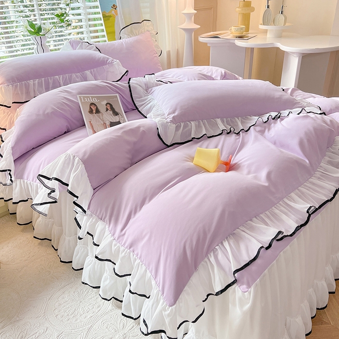 91家纺网 家纺一手货源 找家纺 唐人居 2025新款水洗棉麻亲肤蕾丝花边四件套 小确幸-浅紫