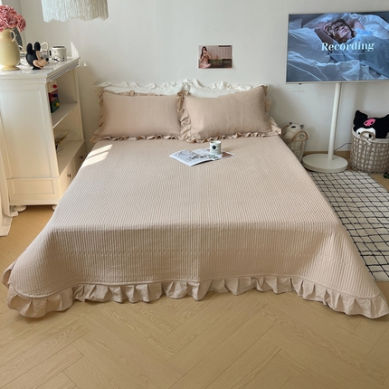 十里居 2024新款水洗棉纯色韩版花边夹棉床盖三件套 浅咖