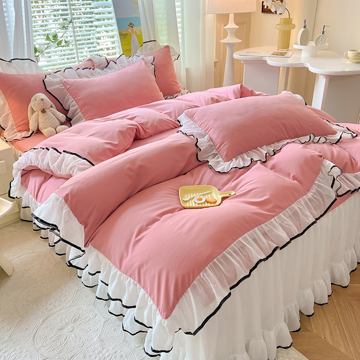 91家纺网 家纺一手货源 找家纺 唐人居 2025新款水洗棉麻亲肤蕾丝花边四件套 小确幸-豆沙