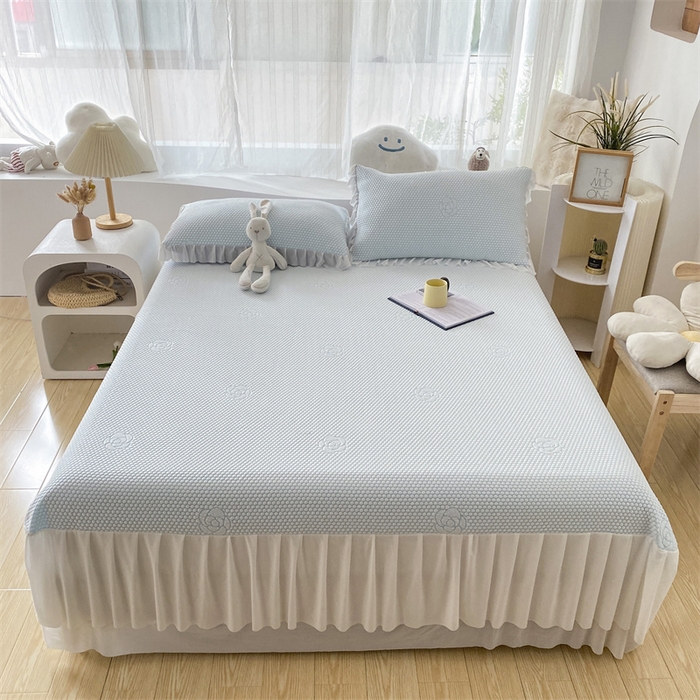 91家纺网 家纺一手货源 找家纺 2024新款抗菌凉豆豆提花床裙款凉席-花朵系列 冰豆豆花朵系列-床裙款 星空蓝