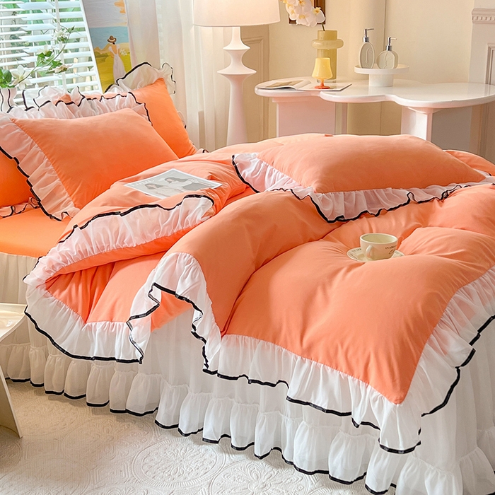 91家纺网 家纺一手货源 找家纺 唐人居 2025新款水洗棉麻亲肤蕾丝花边四件套 小确幸-橘橙