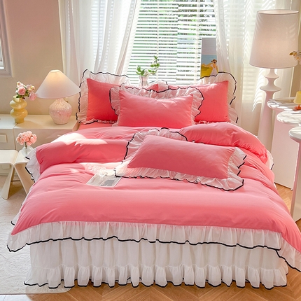 唐人居 2025新款水洗棉麻亲肤蕾丝花边四件套 小确幸-红玉