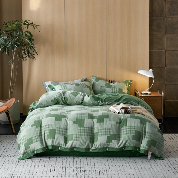 91家纺网 家纺一手货源 找家纺 安莱生活 2024年新品双层纱拼布田园纽扣款四件套 拼布田园纽扣款-嫩绿