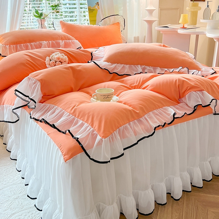 91家纺网 家纺一手货源 找家纺 唐人居 2025新款水洗棉麻亲肤蕾丝花边四件套 小确幸-橘橙