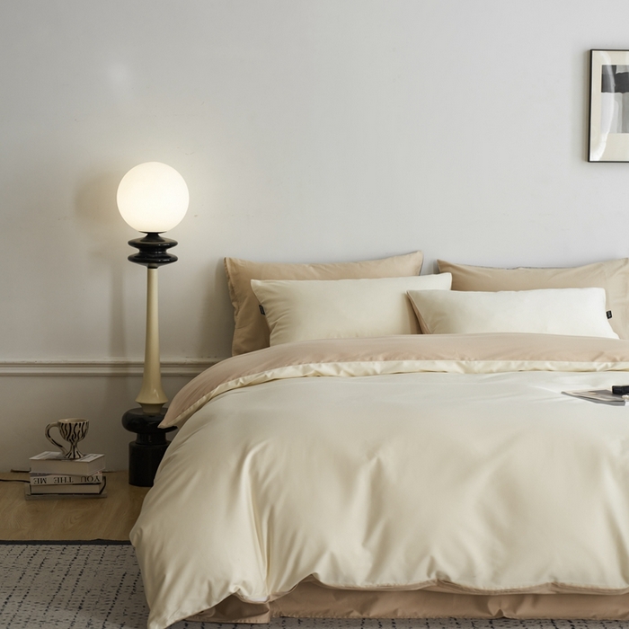 91家纺网 家纺一手货源 找家纺 安莱生活 2024新款100s长绒棉贡缎双拼四件套 月光白-棕灰