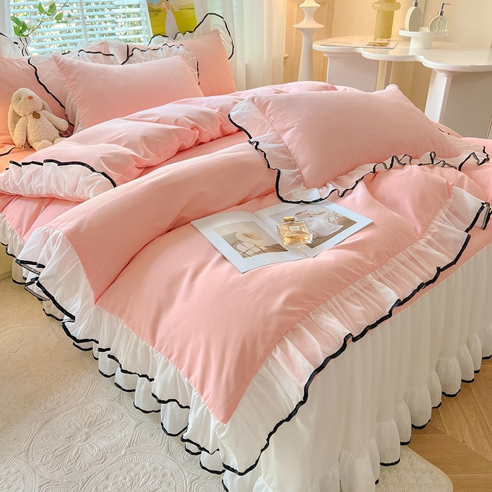 91家纺网 家纺一手货源 找家纺 唐人居 2025新款水洗棉麻亲肤蕾丝花边四件套 小确幸-浅粉