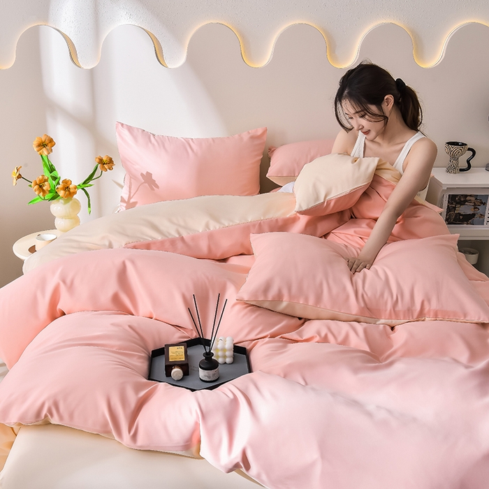 91家纺网 家纺一手货源 找家纺 简爱家纺 2025新款水洗真丝四件套 戴妃粉+暖杏色