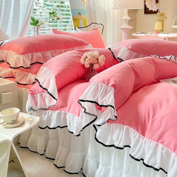 91家纺网 家纺一手货源 找家纺 唐人居 2025新款水洗棉麻亲肤蕾丝花边四件套 小确幸-红玉