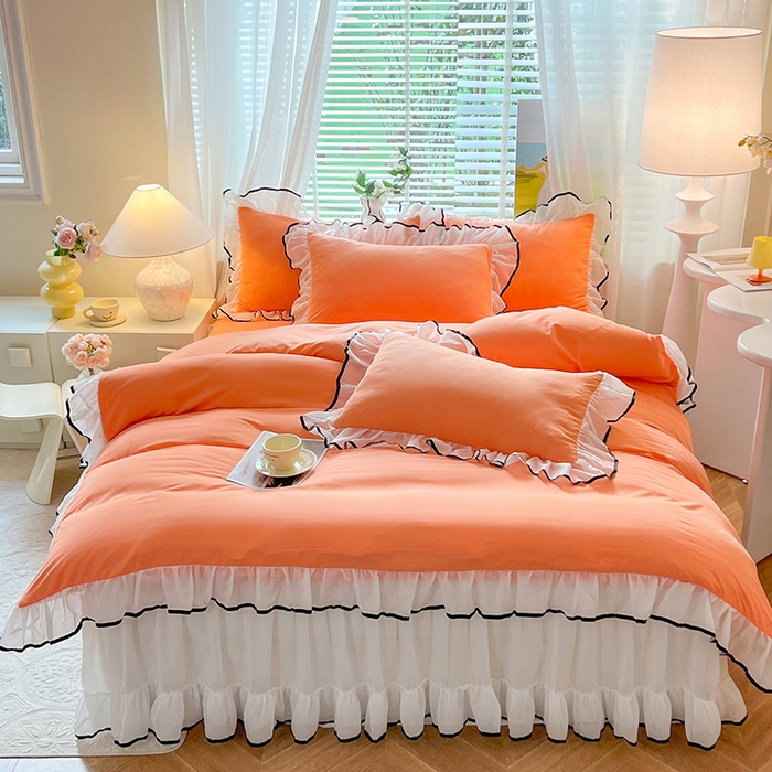 91家纺网 家纺一手货源 找家纺 唐人居 2025新款水洗棉麻亲肤蕾丝花边四件套 小确幸-橘橙
