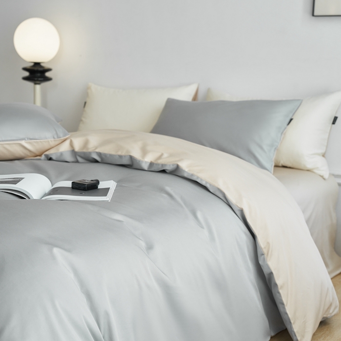 91家纺网 家纺一手货源 找家纺 安莱生活 2024新款100s长绒棉贡缎双拼四件套 红灰-棕灰