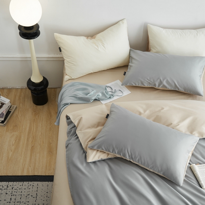 91家纺网 家纺一手货源 找家纺 安莱生活 2024新款100s长绒棉贡缎双拼四件套 红灰-棕灰