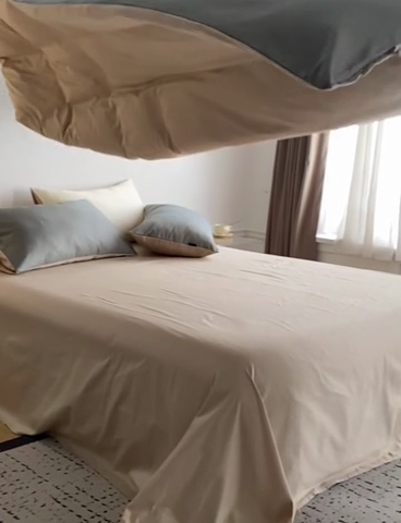 91家纺网 家纺一手货源 找家纺 安莱生活 2024新款100s长绒棉贡缎双拼四件套 红灰-棕灰