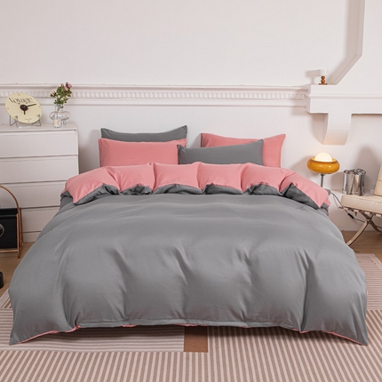莎臣豹 2025新款水洗棉磨毛纯色双拼简约风撞色四件套 浅灰爱上甜豆沙