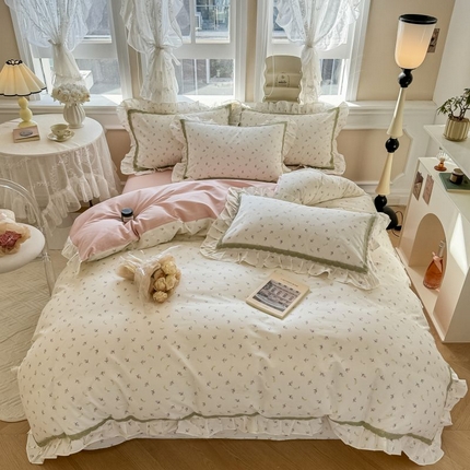 91家纺网 家纺一手货源 找家纺 眠屿家纺 2024新款全棉40支13372花边四件套 叶叶私语