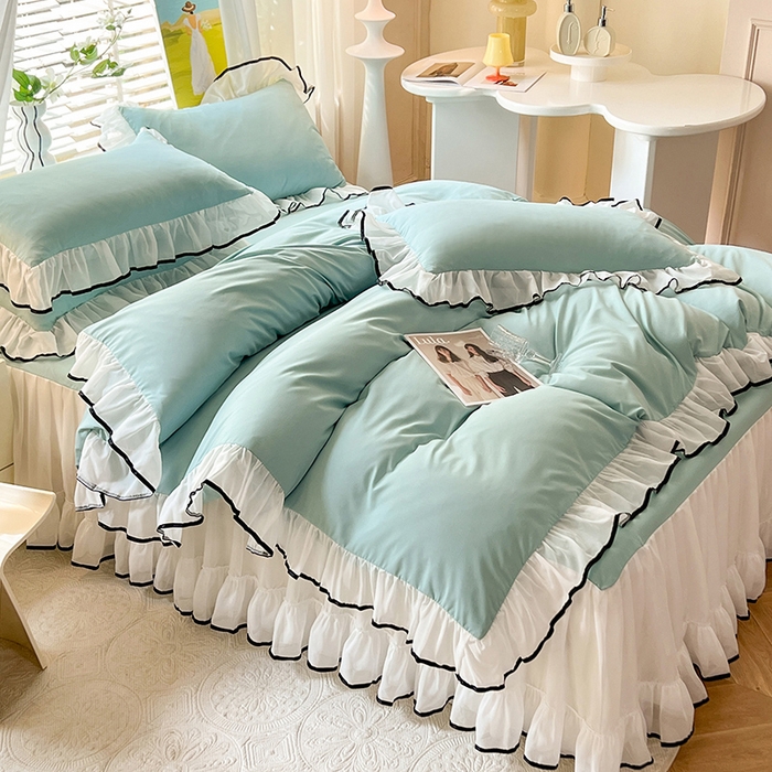 91家纺网 家纺一手货源 找家纺 唐人居 2025新款水洗棉麻亲肤蕾丝花边四件套 小确幸-水兰