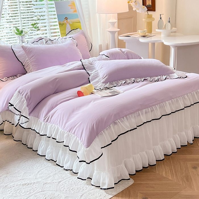 91家纺网 家纺一手货源 找家纺 唐人居 2025新款水洗棉麻亲肤蕾丝花边四件套 小确幸-浅紫