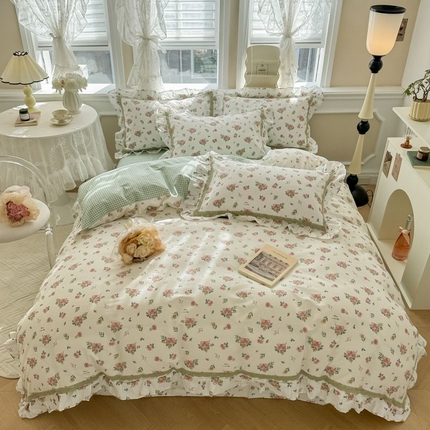 91家纺网 家纺一手货源 找家纺 眠屿家纺 2024新款全棉40支13372花边四件套 漫花香