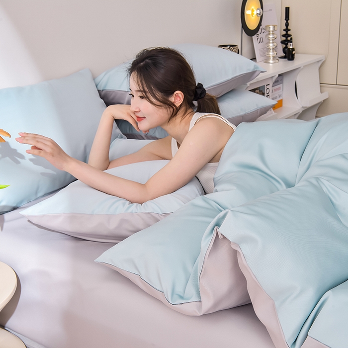 91家纺网 家纺一手货源 找家纺 简爱家纺 2025新款水洗真丝四件套 风铃蓝+雅致灰