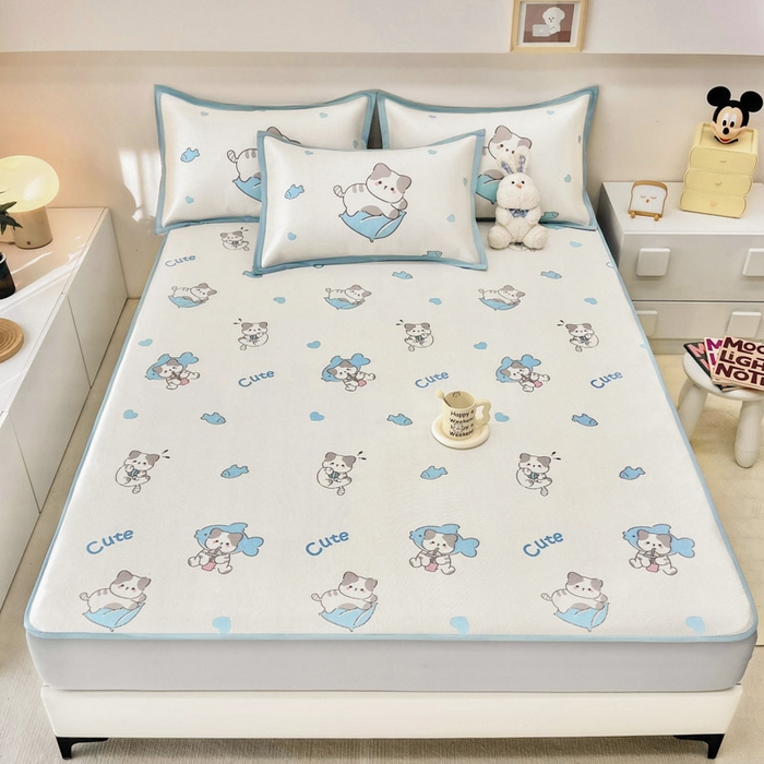 91家纺网 家纺一手货源 找家纺 全季家居 2024新款5A抗菌小清新数码印花冰藤席 贪吃小猫（床笠款）