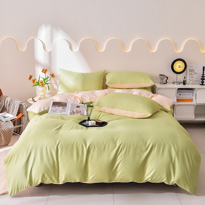 91家纺网 家纺一手货源 找家纺 简爱家纺 2025新款水洗真丝四件套 仙草绿+暖杏色