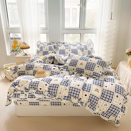 宜凡家纺 2024新款全棉印花夹棉床笠四件套 格格屋