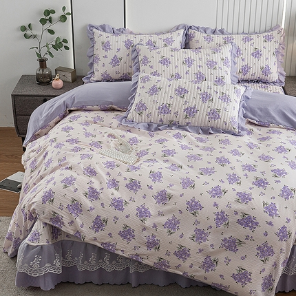 浩浩家纺 2024新款软糯印花泡泡棉蕾丝床盖四件套 被套款 洛卡紫