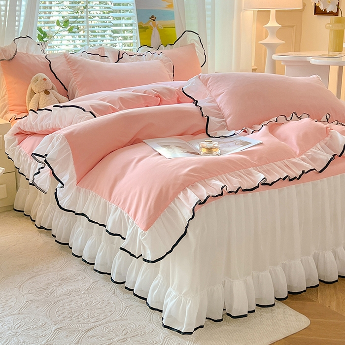 91家纺网 家纺一手货源 找家纺 唐人居 2025新款水洗棉麻亲肤蕾丝花边四件套 小确幸-浅粉