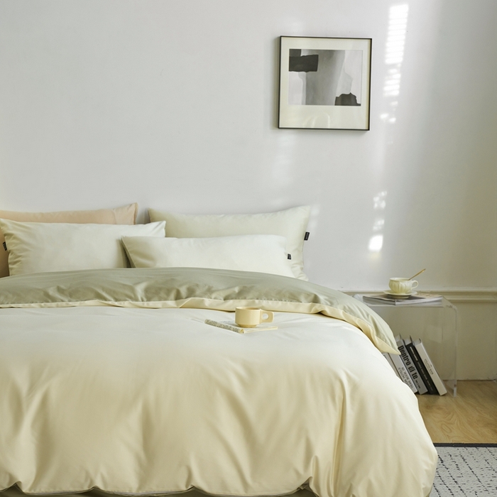 91家纺网 家纺一手货源 找家纺 安莱生活 2024新款100s长绒棉贡缎双拼四件套 月光白-草绿